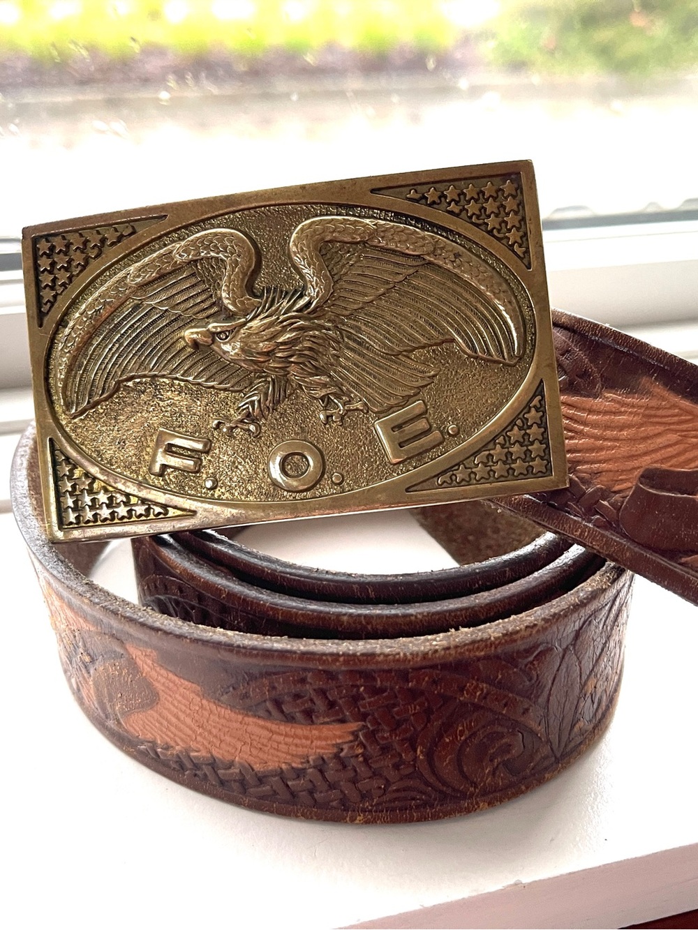 FOE Men’s Western Belt size 38 Brown Leather Belt with Brass Buckle